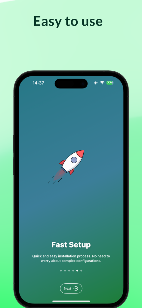Privacy AI app onboarding screen highlighting a fast and easy setup process with a rocket illustration.