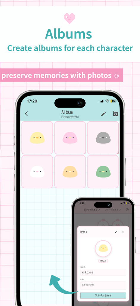 Family Tree for Virtual Pets - Interface of a virtual pet management app showing a character photo album with cute bird-like icons on a pink grid background