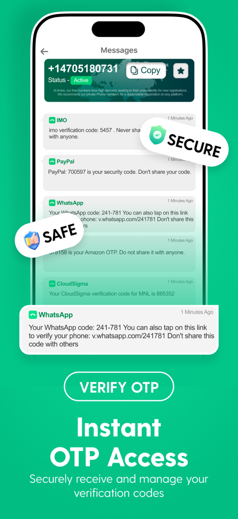 Temp Number - 2nd Phone Number - Interface of the Temp Number app showing received verification codes from platforms like WhatsApp and PayPal