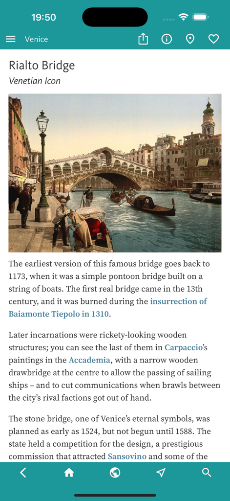 An in-depth article about the history of the Rialto Bridge with an antique illustration of Venice in the Venice Art and Culture mobile app