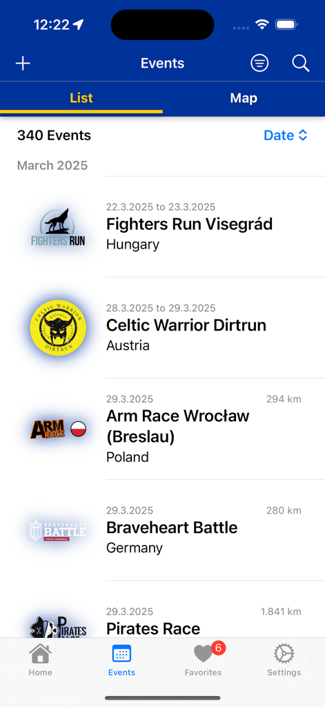 Mobile app screen showing a list of obstacle course racing events in Europe with dates and locations