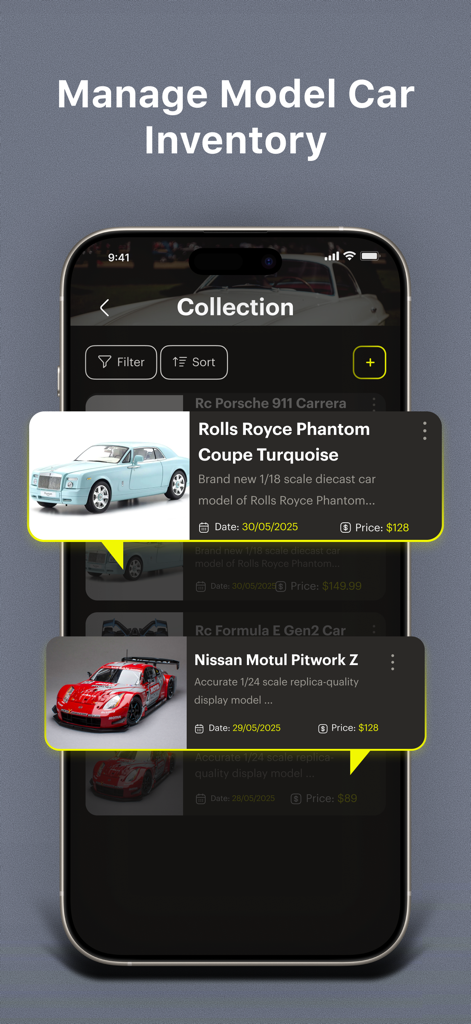 Diecast ID: Model Car Scanner - A mobile app interface displaying a digital collection of diecast cars with detailed inventory tracking