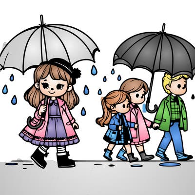 a cute girl with her family walking in the rain. with an big umbrella