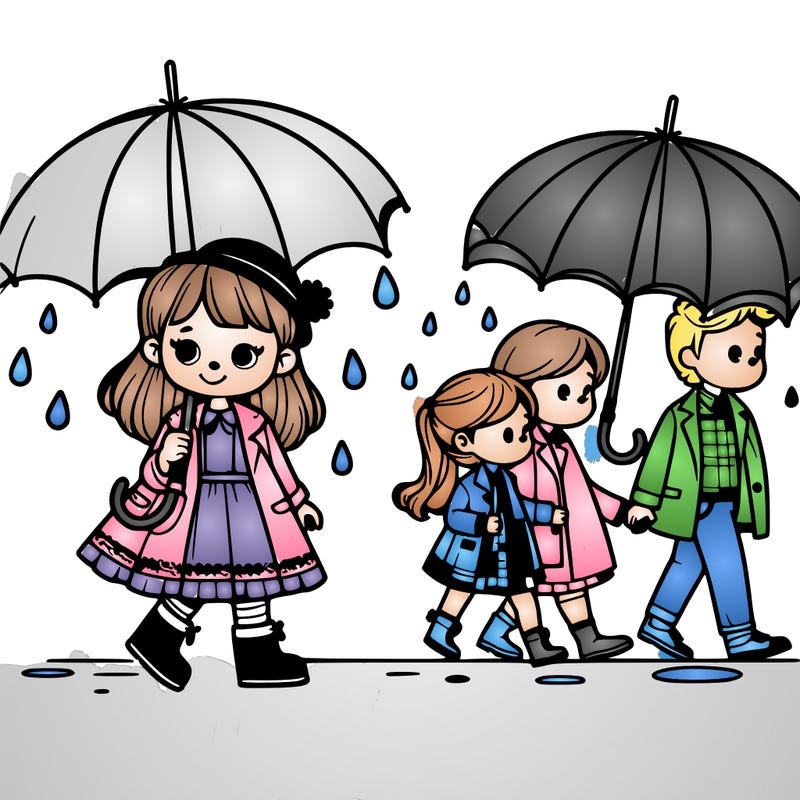 a cute girl with her family walking in the rain. with an big umbrella