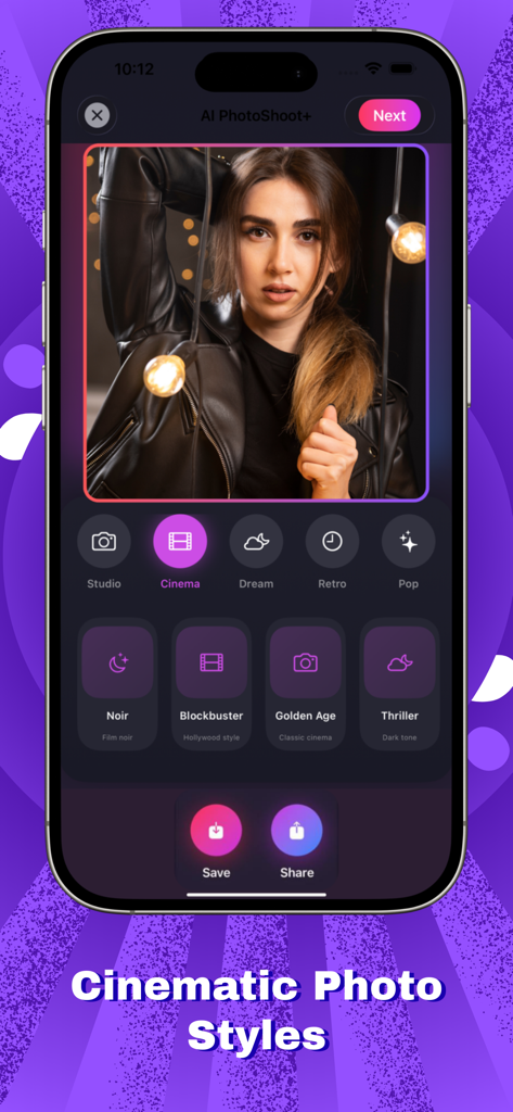 AI PhotoShot+ - AI PhotoShot plus app interface showing cinematic photo styles and professional AI filters