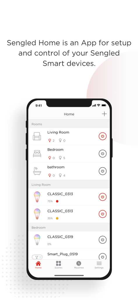 Sengled Home - Sengled Home app interface showing smart light and room management controls