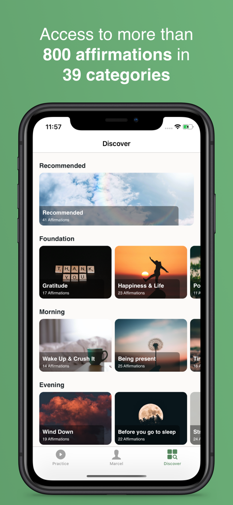 MindGarden: Daily Affirmations - Pestaña de descubrimiento de la aplicación MindGarden mostrando varias categorías y temas de afirmaciones