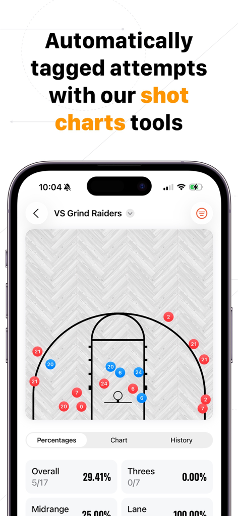 Basketball Coach: Elite Hoops - Basketball shot chart tool showing shot attempts on a digital court with game statistics