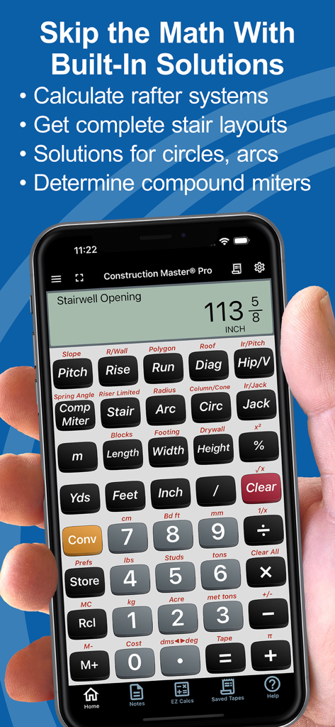 Construction Master Pro Calc - A hand holding a smartphone showing the Construction Master Pro calculator app with a stairwell opening calculation