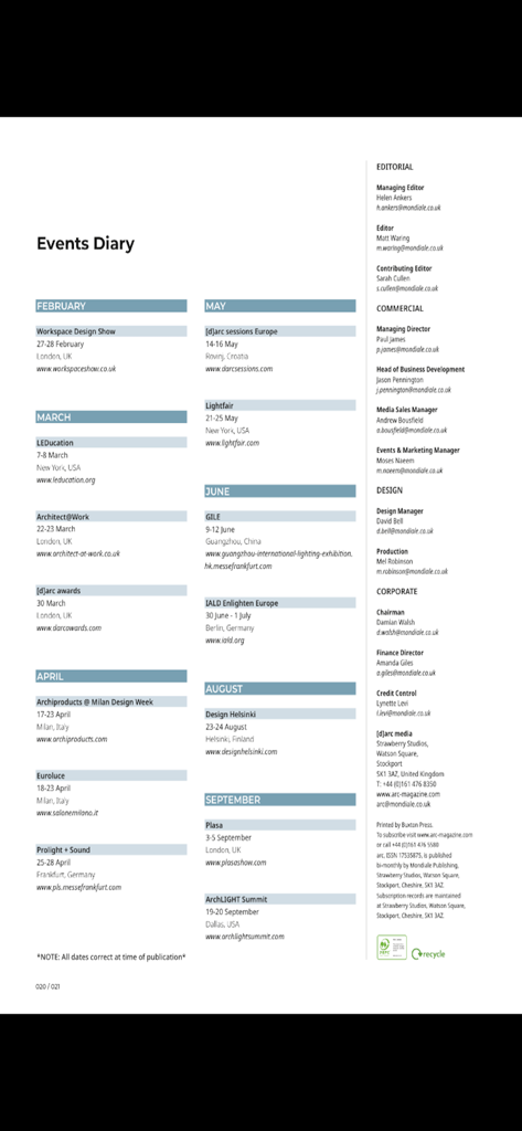 arc Magazine - Events diary and editorial staff listing for arc Magazine featuring international lighting design trade shows