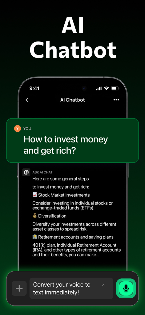 AI Detector | Text Humanizer - Interface de chatbot IA sur un smartphone fournissant des conseils d'investissement avec une fonction voix-à-texte.
