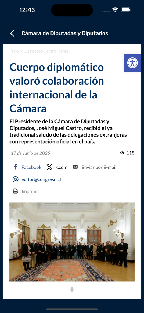 TV Diputad@s Chile - Interface de artigo de notícia mostrando uma reportagem sobre colaboração diplomática internacional dentro do aplicativo móvel TV Diputados Chile