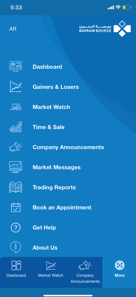 Main menu screen of the Bahrain Bourse mobile app featuring navigation options for stock market monitoring