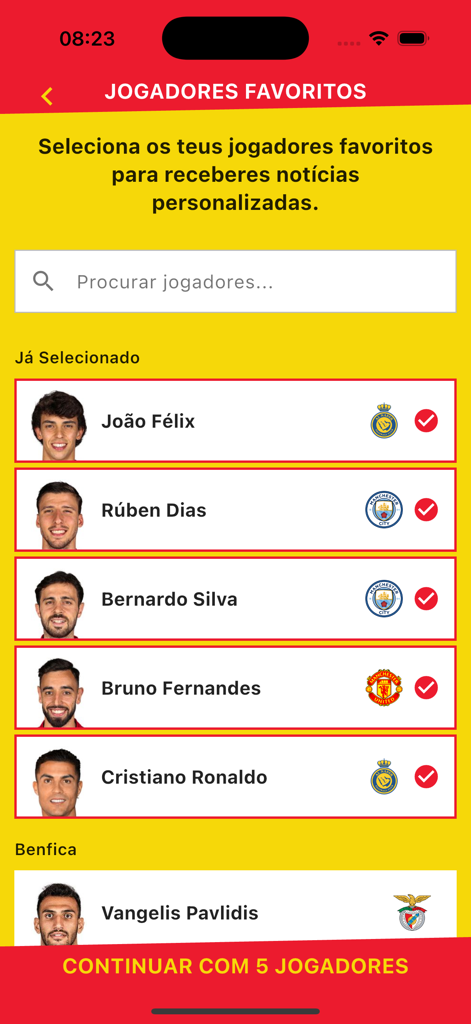 A BOLA - Interfaccia dell'app A BOLA per scegliere i giocatori di calcio preferiti per ricevere notizie personalizzate
