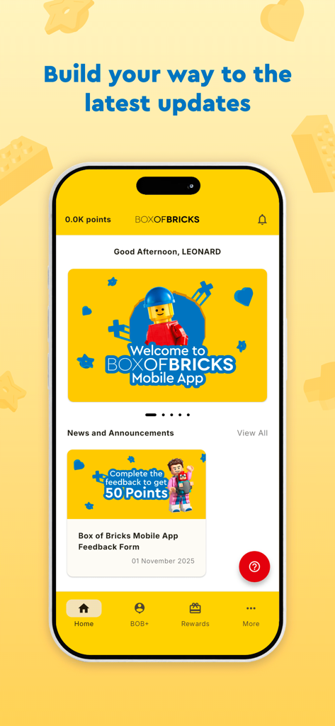 The home screen of the BoxOfBricks mobile app featuring rewards points and news updates.