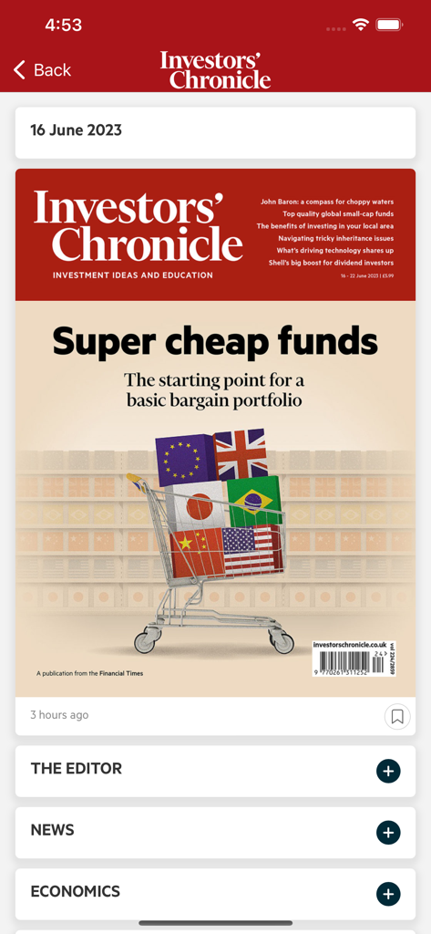 Investors Chronicle - La aplicación móvil Investors Chronicle mostrando la portada de una revista sobre fondos globales baratos con una ilustración de banderas internacionales en un carrito de compras