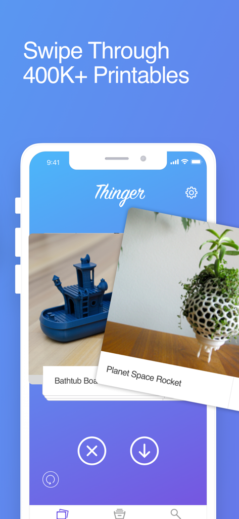 A smartphone displaying the Thinger app interface with cards for 3D printing models and a swipe discovery feature.