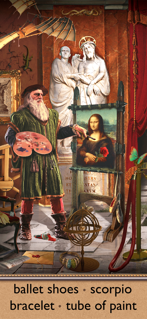 Mystery Spot: Hidden Objects - A hidden object search scene featuring Leonardo da Vinci and the Mona Lisa in a museum setting.