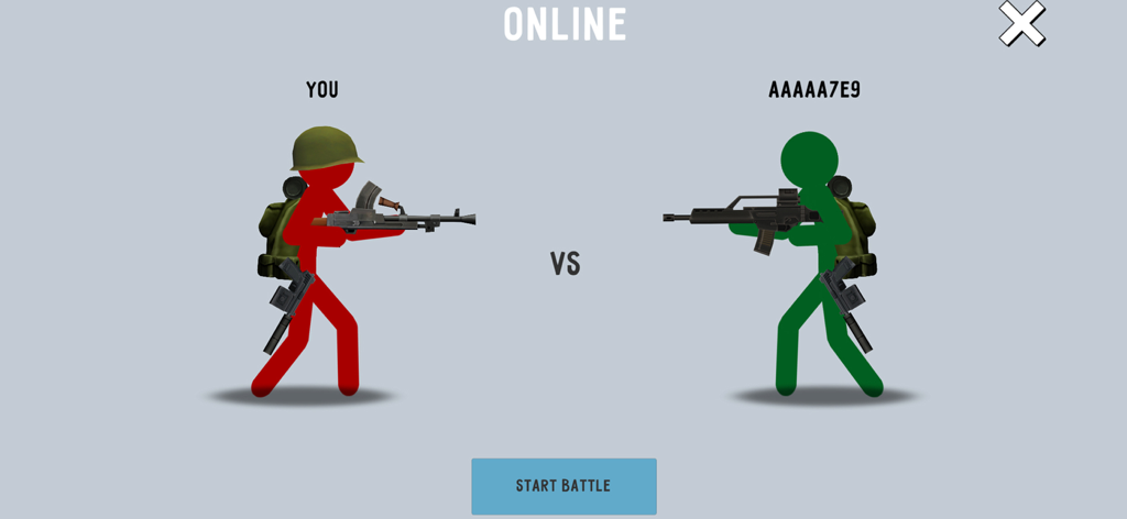 Stick Warfare Battle Strike - Online battle setup screen showing a red stickman player versus a green stickman opponent in Stick Warfare