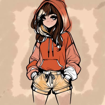 realistic girl in shorts and hoodie