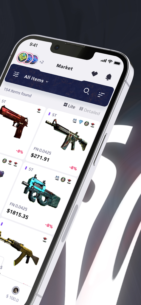 Ein Handybildschirm, der eine Vielzahl von Counter-Strike 2 Waffenskins zum Verkauf auf dem P2P-Marktplatz von white.market anzeigt.