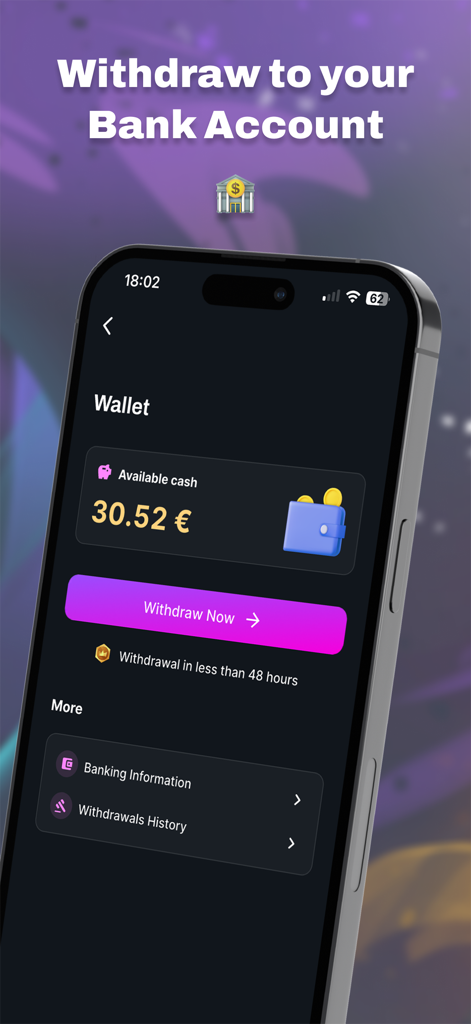 Winerz mobile app wallet screen with cash balance and withdraw now button