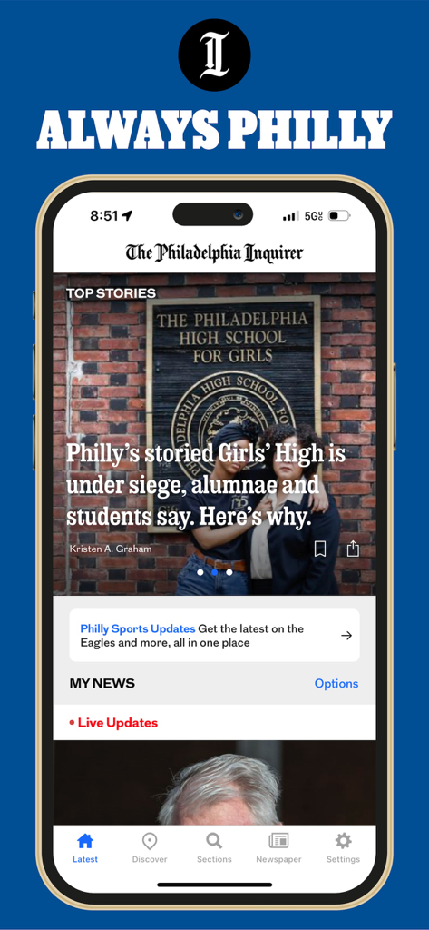 The Philadelphia Inquirer mobile app home screen featuring local top stories and sports updates