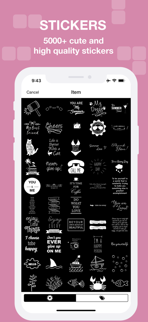 CollaPic - Collage Maker Video - A library of over 5000 artistic stickers and typography options in the CollaPic app.
