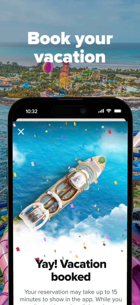 Royal Caribbean app booking confirmation screen featuring a cruise ship illustration and confetti