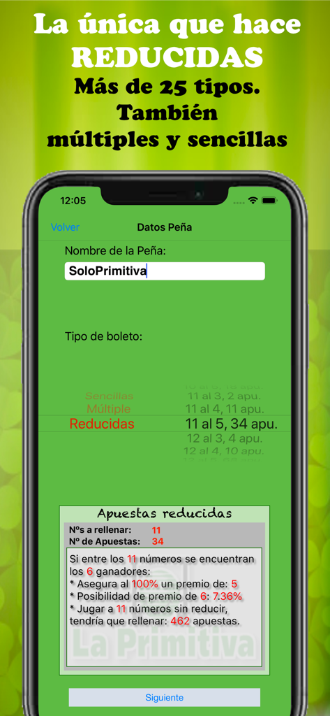 SoloPrimitiva app interface showing the configuration of reduced lottery combinations for a pool
