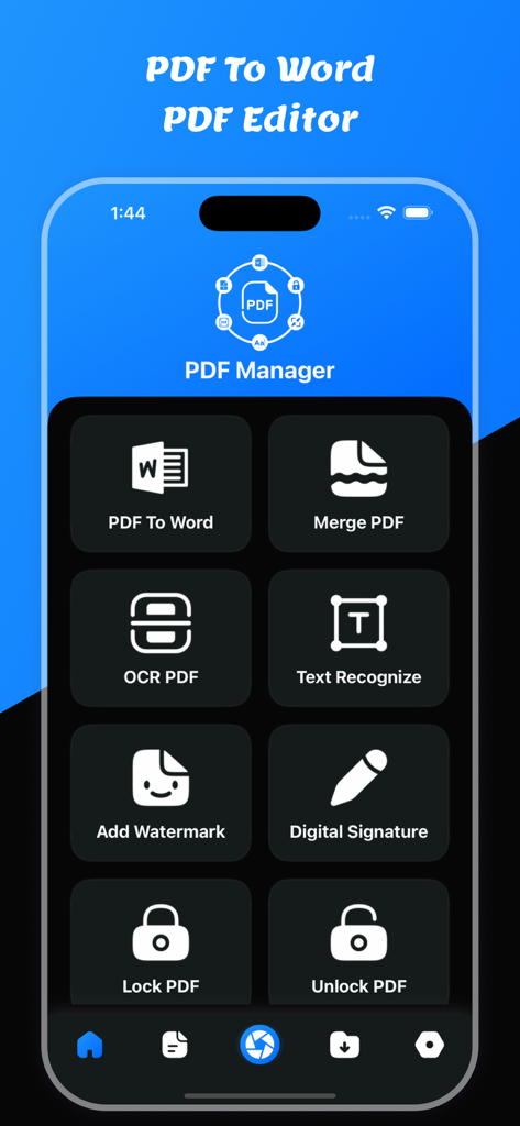 PDFからWordへアプリのメインメニュー。ドキュメントの変換、OCR、結合ツールが特徴です。