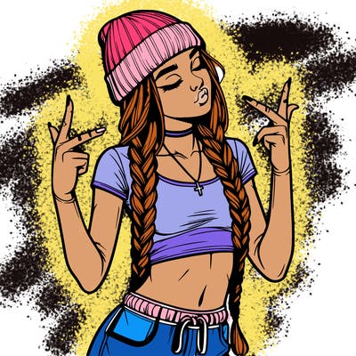 realistic teenage girl with braids and a beanie and crop top doing 🫶🏼