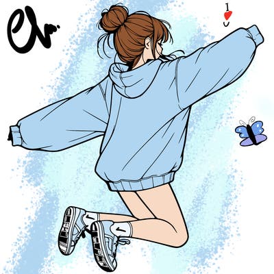 realistic girl jumping with a bun and oversized sweatshirt