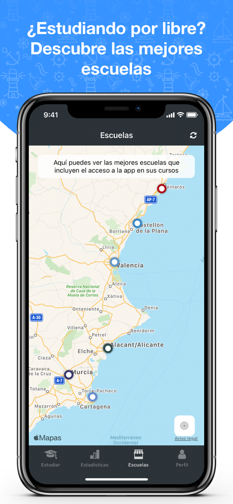 Interfaz de la aplicación Test Patron mostrando un mapa de escuelas náuticas en España con marcadores de ubicación.