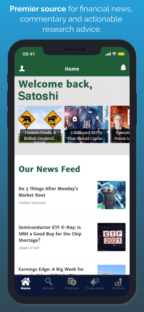 Money & Markets - Money and Markets app home screen featuring a financial news feed and investment research articles.