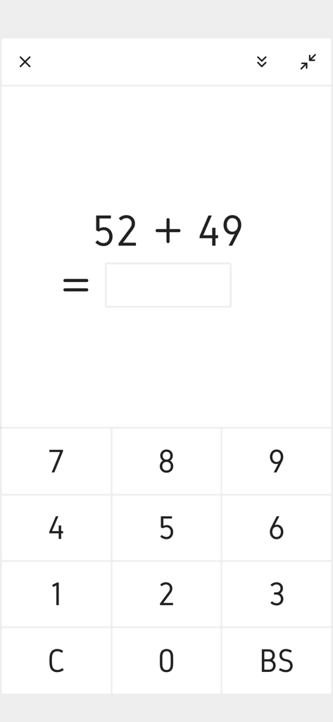 Interfaz de la aplicación Ninimaths que muestra un problema de suma de aritmética mental con un teclado numérico