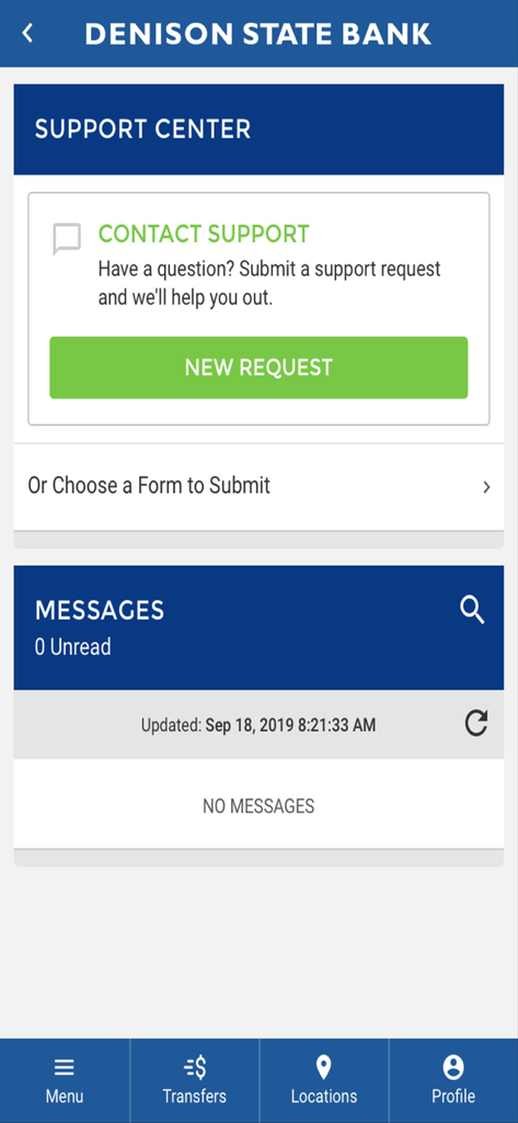 DSB Mobile - Bildschirm des DSB Mobile App-Supportcenters mit Kontaktoptionen und einem Nachrichtenposteingang.