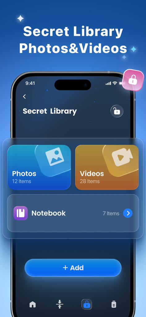 AI Cleaner - Photos&Videos - Interfaz de la aplicación AI Cleaner que muestra una biblioteca secreta segura para fotos, videos y notas privadas