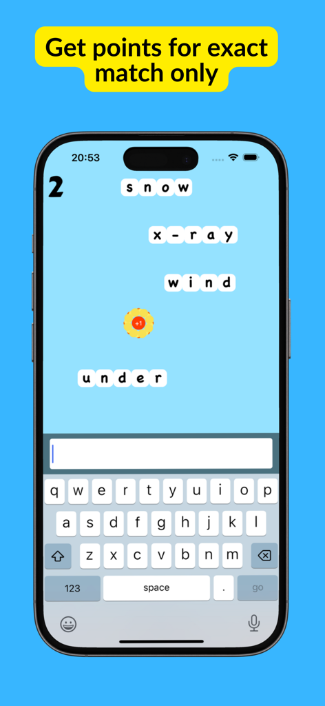 Type Don't Stop - Gameplay screenshot of Type Don't Stop showing falling words and a mobile keyboard on an iPhone interface