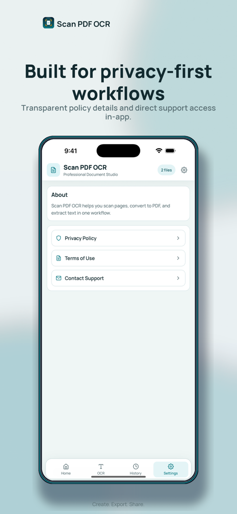 Scan PDF: OCR & Doc Scanner - Mobile app interface showing privacy policy and support settings for secure document scanning.