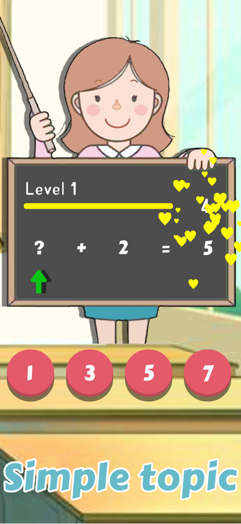 A teacher character presents a simple math addition problem on a chalkboard