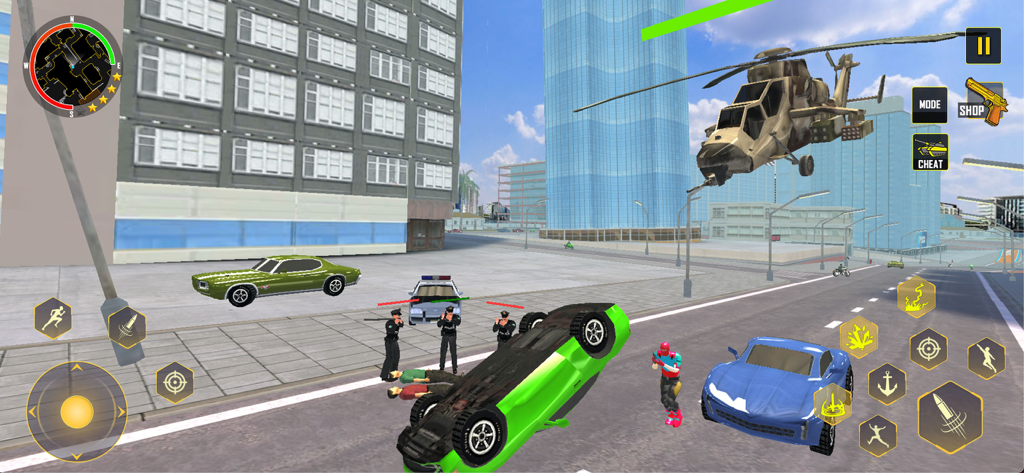 Rope Hero City: Gangster Mafia - Uma captura de tela da jogabilidade de Rope Hero City apresentando um helicóptero voando sobre uma rua da cidade com um carro capotado e ação de combate.