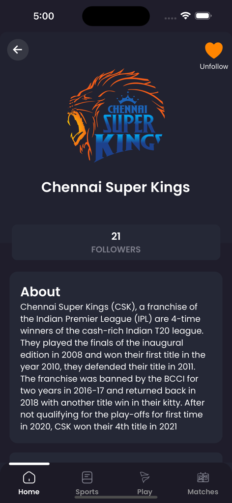 Chennai Super Kings team profile page in the Khel Now app showing team history and follower count