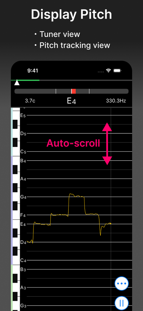 VocalTuner - VocalTuner app interface showing a real-time pitch tracking graph on a musical staff with a piano keyboard.