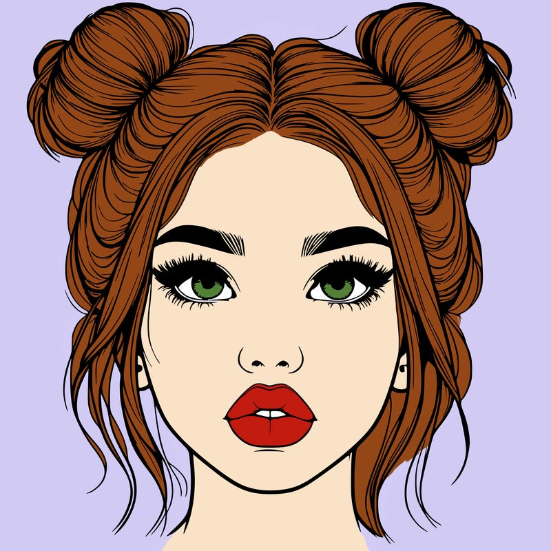 realistic girl with two buns on her hair and lips