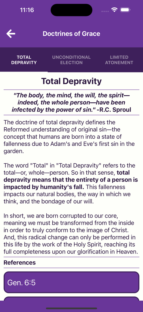 Reformed Companion - Screenshot of the Reformed Companion app displaying the definition and scriptural references for the doctrine of Total Depravity.