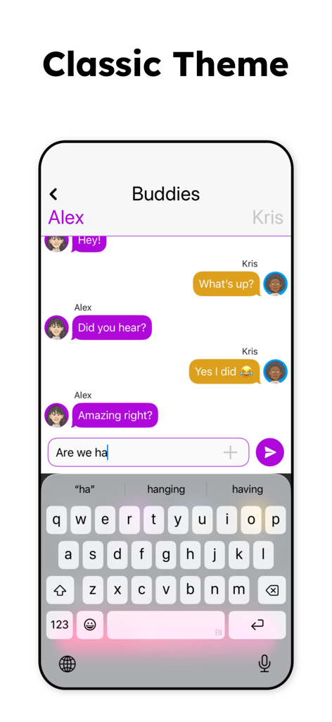 TextingStory Chat Story Maker - A mobile interface of the TextingStory app showing a conversation between two characters named Alex and Kris using the classic theme