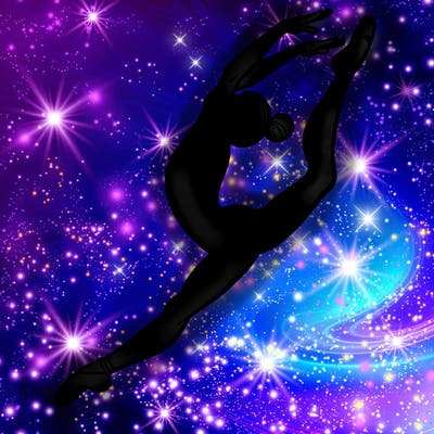 gymnast doing a leap in a leotard with a bent back leg