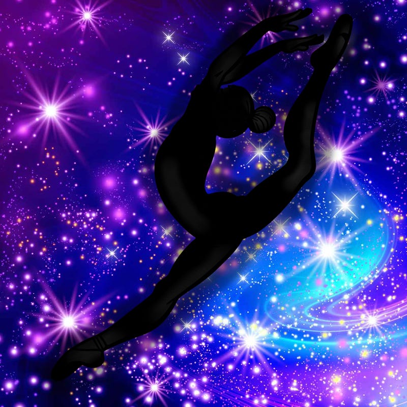 gymnast doing a leap in a leotard with a bent back leg