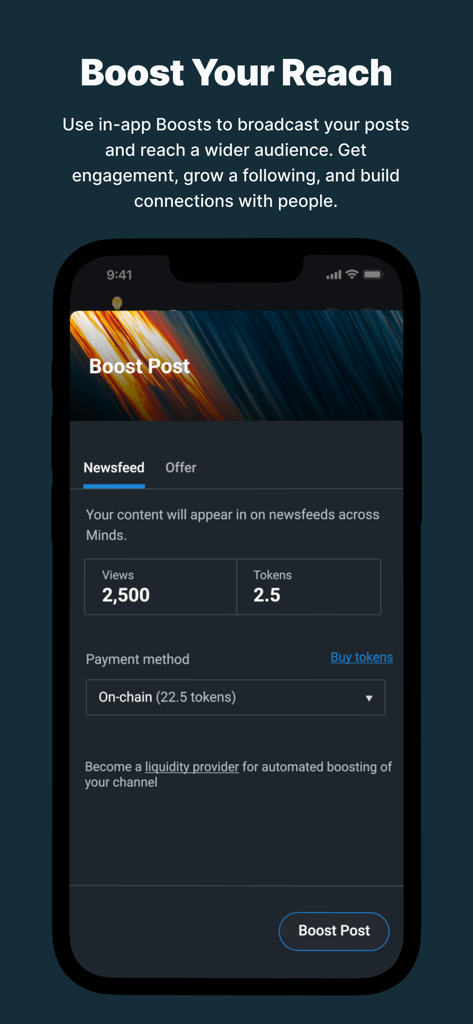 Minds.com - Interface of Minds social media app showing how to boost a post using crypto tokens to increase reach